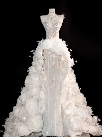 3D Flower White A Line Sweetheart Neck Rhinestone Tulle Long Prom Dress HZ1023